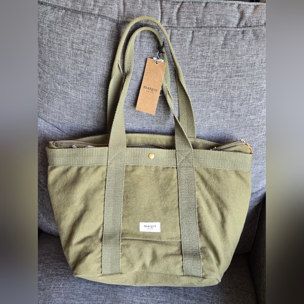 RARE Margot New York Olive Green Canvas Tote Bag Top Zip Closure NWT